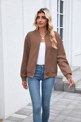 Solid Textured Full Zip Up Bomber Jacket