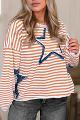 Stripe Starry Patch Raw Edge Casual Knit Top