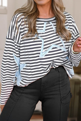 Stripe Starry Patch Raw Edge Casual Knit Top