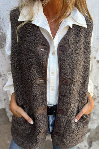 V Neck Button Front Plush Teddy Vest