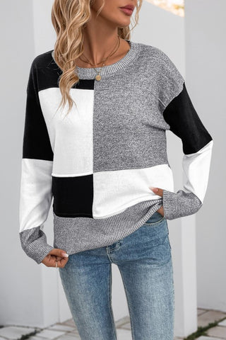 Loose Block Contrasting Long Sleeved Sweater