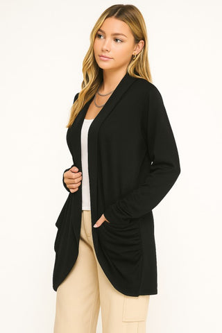 Soft Wrap Shirred Sided Open Cardigan