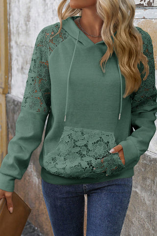 Lace Patchwork Kangaroo Pocket Waffle Hoodie