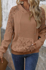 Lace Patchwork Kangaroo Pocket Waffle Hoodie