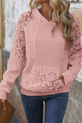 Lace Patchwork Kangaroo Pocket Waffle Hoodie