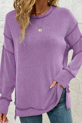 Ribbed Seamed Patchwork Long Sleeve Top