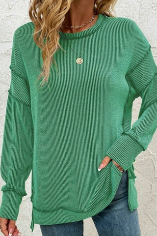 Ribbed Seamed Patchwork Long Sleeve Top