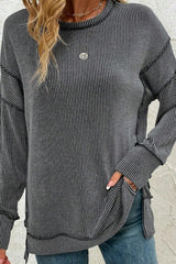 Ribbed Seamed Patchwork Long Sleeve Top