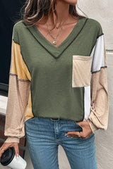 Clover Exposed Stitching Colorblock V Neck Top
