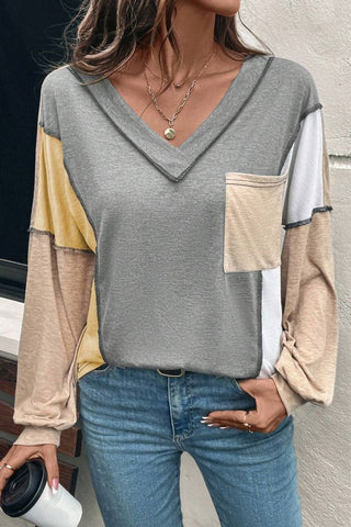 Clover Exposed Stitching Colorblock V Neck Top