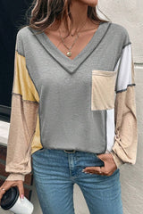 Clover Exposed Stitching Colorblock V Neck Top