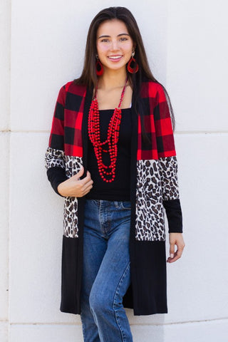 Buffalo Plaid Leopard Color Block Cardigan