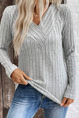 V Neck Ribbed Long Sleeve Top