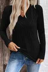 V Neck Ribbed Long Sleeve Top