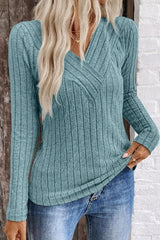 V Neck Ribbed Long Sleeve Top