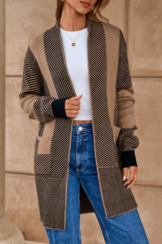 Contrast Stripe High Neck Long-sleeved Cardigan