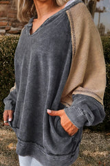 Patchwork Mineral Wash Loose Sweatshirt with Pockets
