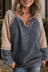 Patchwork Mineral Wash Loose Sweatshirt with Pockets
