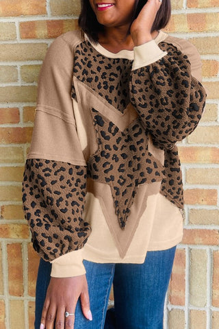 French Beige Star Leopard Patchwork Sweatshirt