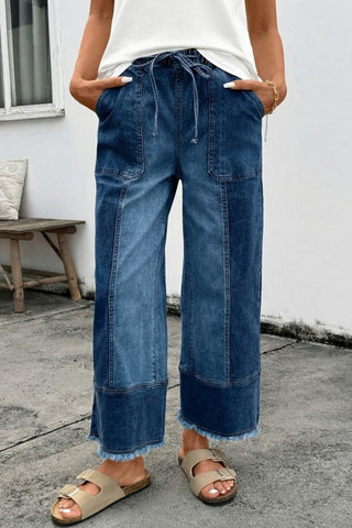 Drawstring Seam Detail Raw Hem Wide Leg Jeans