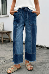 Drawstring Seam Detail Raw Hem Wide Leg Jeans