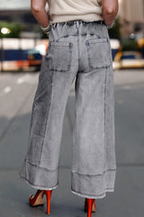 Drawstring Seam Detail Raw Hem Wide Leg Jeans