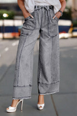 Drawstring Seam Detail Raw Hem Wide Leg Jeans