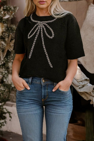 Contrast Bowknot Crew Neck Short Sleeve Sweater