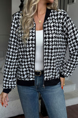 Houndstooth Zip Up Bomber Jacket