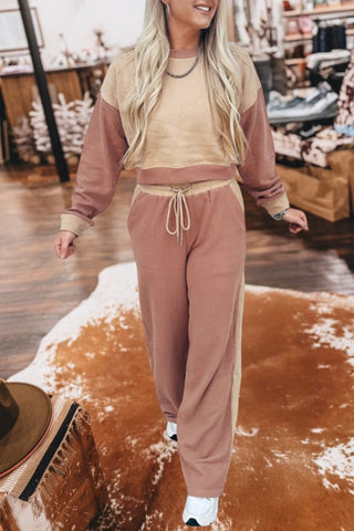 Color Block Long Sleeve Top Drawstring Pant Set