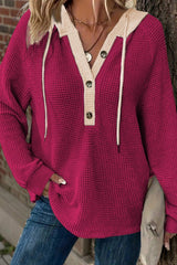 Waffle Contrast Half Buttoned Hooded Pullover Top