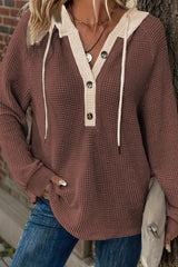 Waffle Contrast Half Buttoned Hooded Pullover Top