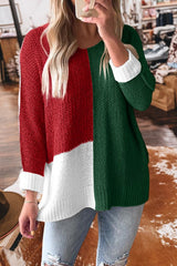 Color Block Knit V Neck Loose Sweater