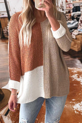 Color Block Knit V Neck Loose Sweater