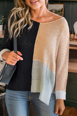 Color Block Knit V Neck Loose Sweater