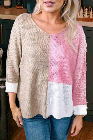 Color Block Knit V Neck Loose Sweater
