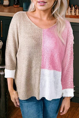 Color Block Knit V Neck Loose Sweater