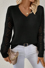 V Neck Pointelle Knit Sleeve Contrasted Sweater