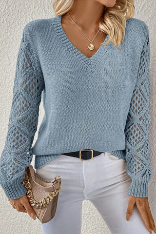 V Neck Pointelle Knit Sleeve Contrasted Sweater