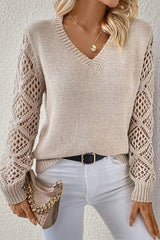 V Neck Pointelle Knit Sleeve Contrasted Sweater