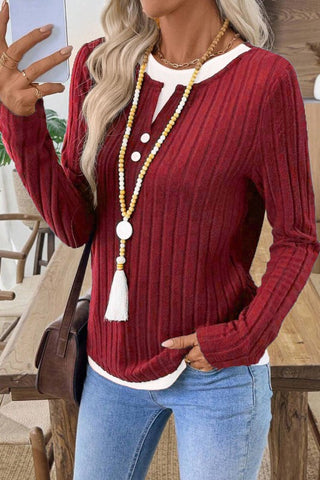 Round Neck Long Sleeved Fake Two Piece Top