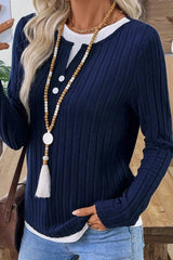 Round Neck Long Sleeved Fake Two Piece Top