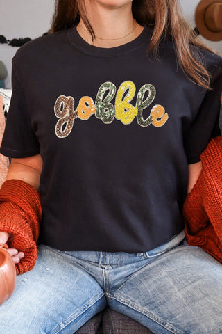 Sequin Gobble Letter Patch Thanksgiving Tee