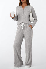 Ribbed Long Sleeve Top Wide Leg Pant Set