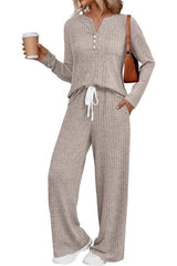 Ribbed Long Sleeve Top Wide Leg Pant Set