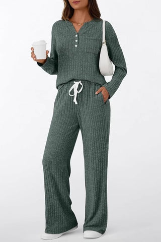 Ribbed Long Sleeve Top Wide Leg Pant Set