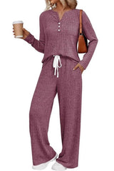 Ribbed Long Sleeve Top Wide Leg Pant Set