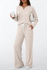 Ribbed Long Sleeve Top Wide Leg Pant Set