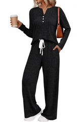 Ribbed Long Sleeve Top Wide Leg Pant Set