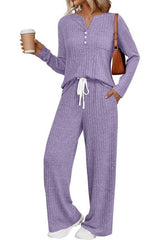 Ribbed Long Sleeve Top Wide Leg Pant Set